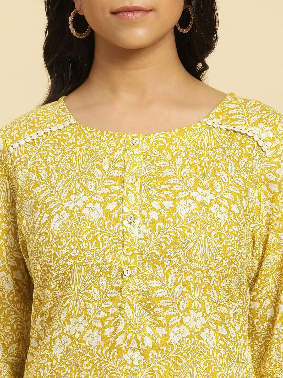 W Yellow Floral Printed Keyhole Neck Gotta Patti Cotton A-Line Kurta