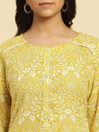 W Yellow Floral Printed Keyhole Neck Gotta Patti Cotton A-Line Kurta
