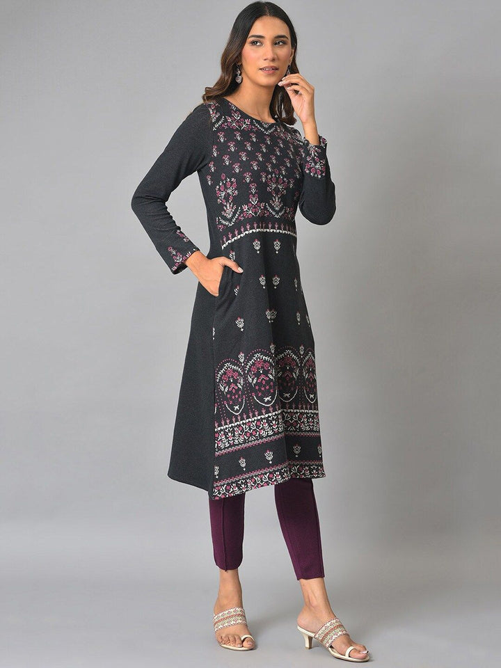 W Round Neck Floral Printed A-Line Kurta