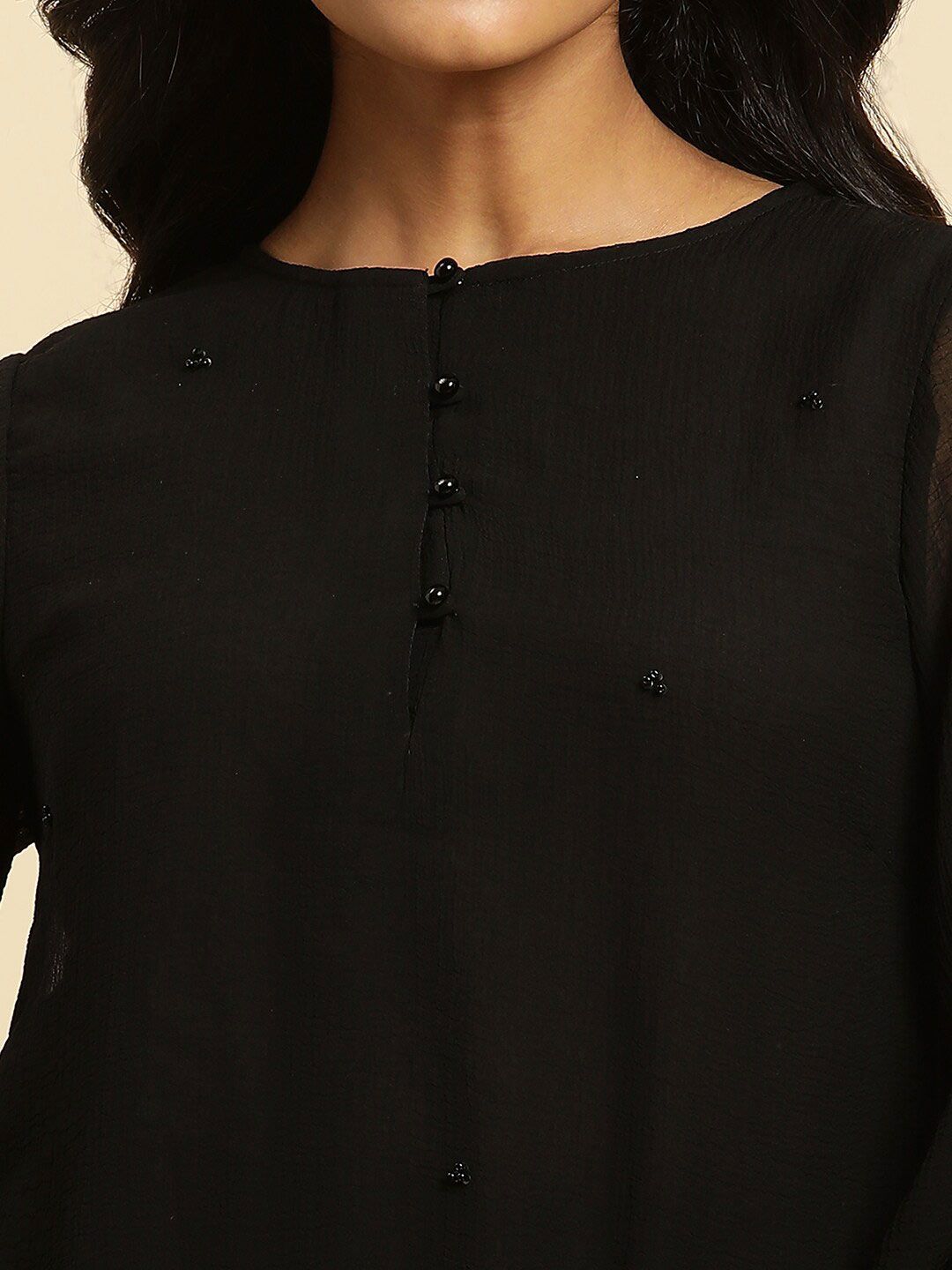 W Black Floral Embroidered Sequinned Longline Top