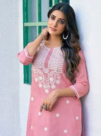 KALINI Floral Embroidered Round Neck Thread Work Straight Kurta