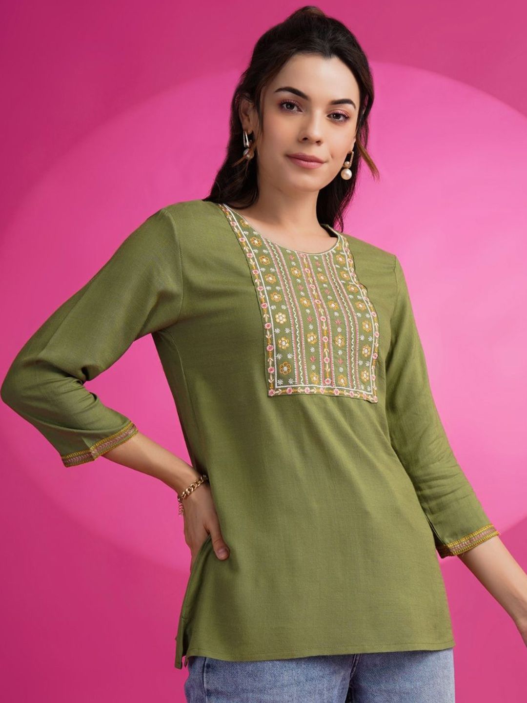 KALINI Embroidered Round Neck Patch Work Straight Kurti