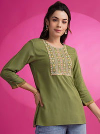 KALINI Embroidered Round Neck Patch Work Straight Kurti