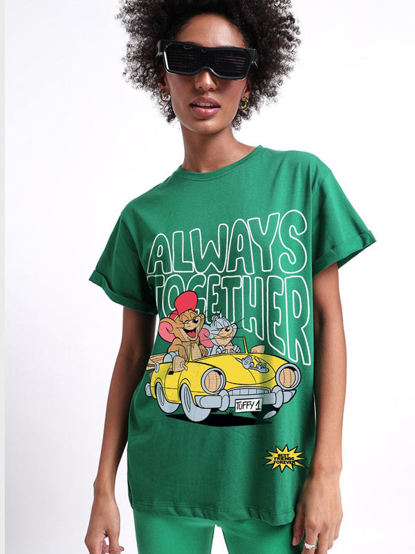 Bewakoof Women Graphic Printed Round Neck Pure Cotton Oversized Tom & Jerry T-shirt