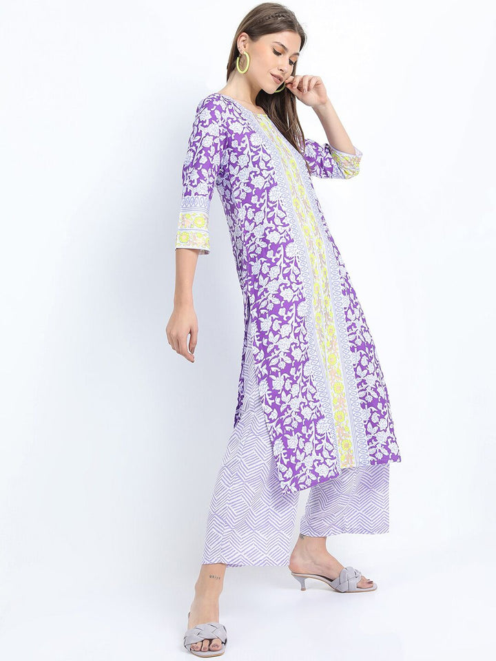Vishudh Women Mauve printed Straight Kurta with Palazzo and Dupatta