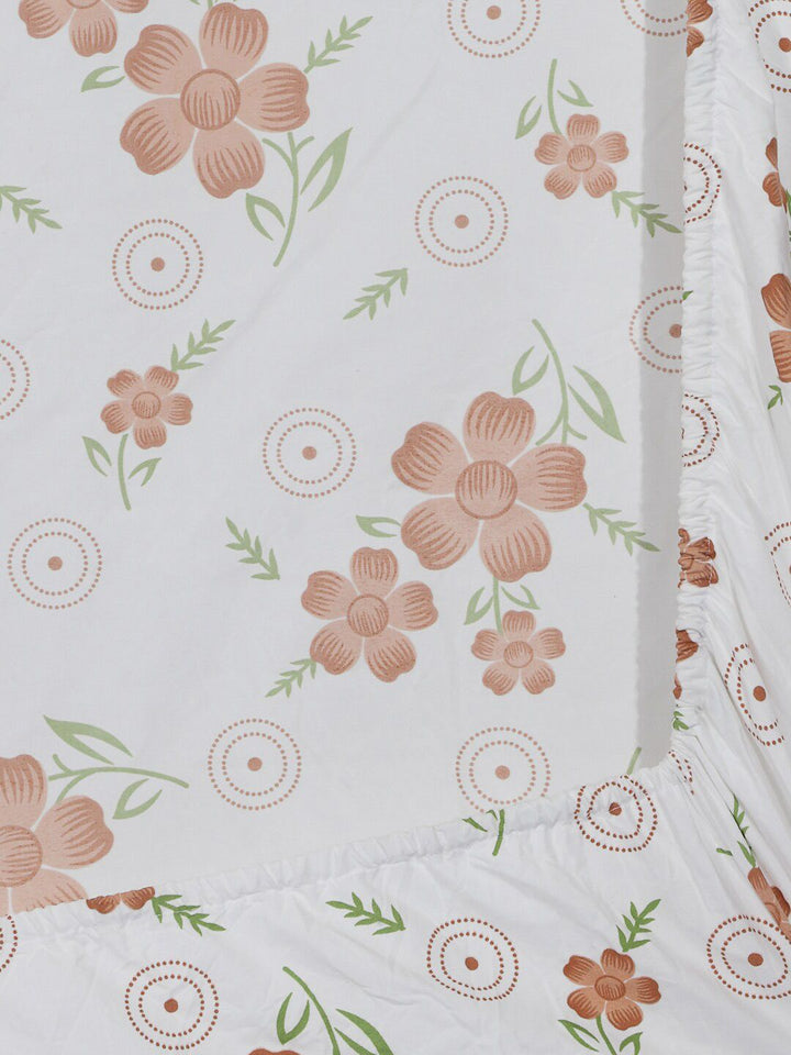 KLOTTHE White Floral Cotton 300 TC Fitted King Fine Bedsheet dengan 2 Sarung Bantal-98 x 89 inci