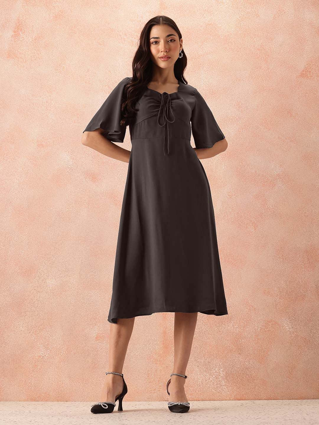 all about you Lace Up Detail Flared Sleeve A-Line Dress