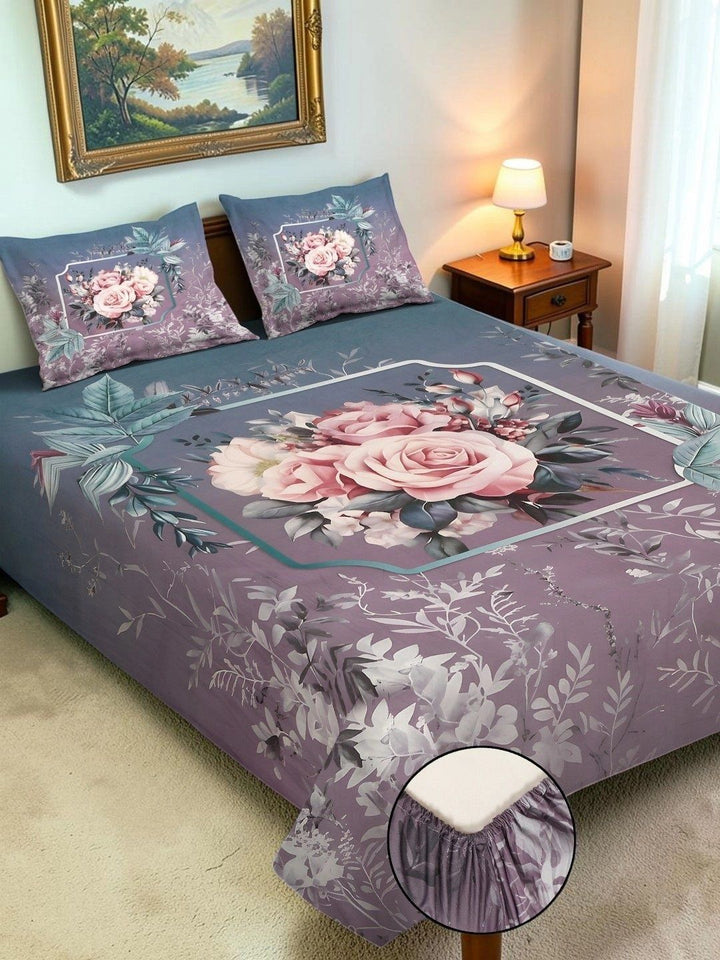 Moda Rapido X KLOTTHE Ungu & Bunga Merah Jambu 400 TC Cadar King dengan 2 Sarung Bantal