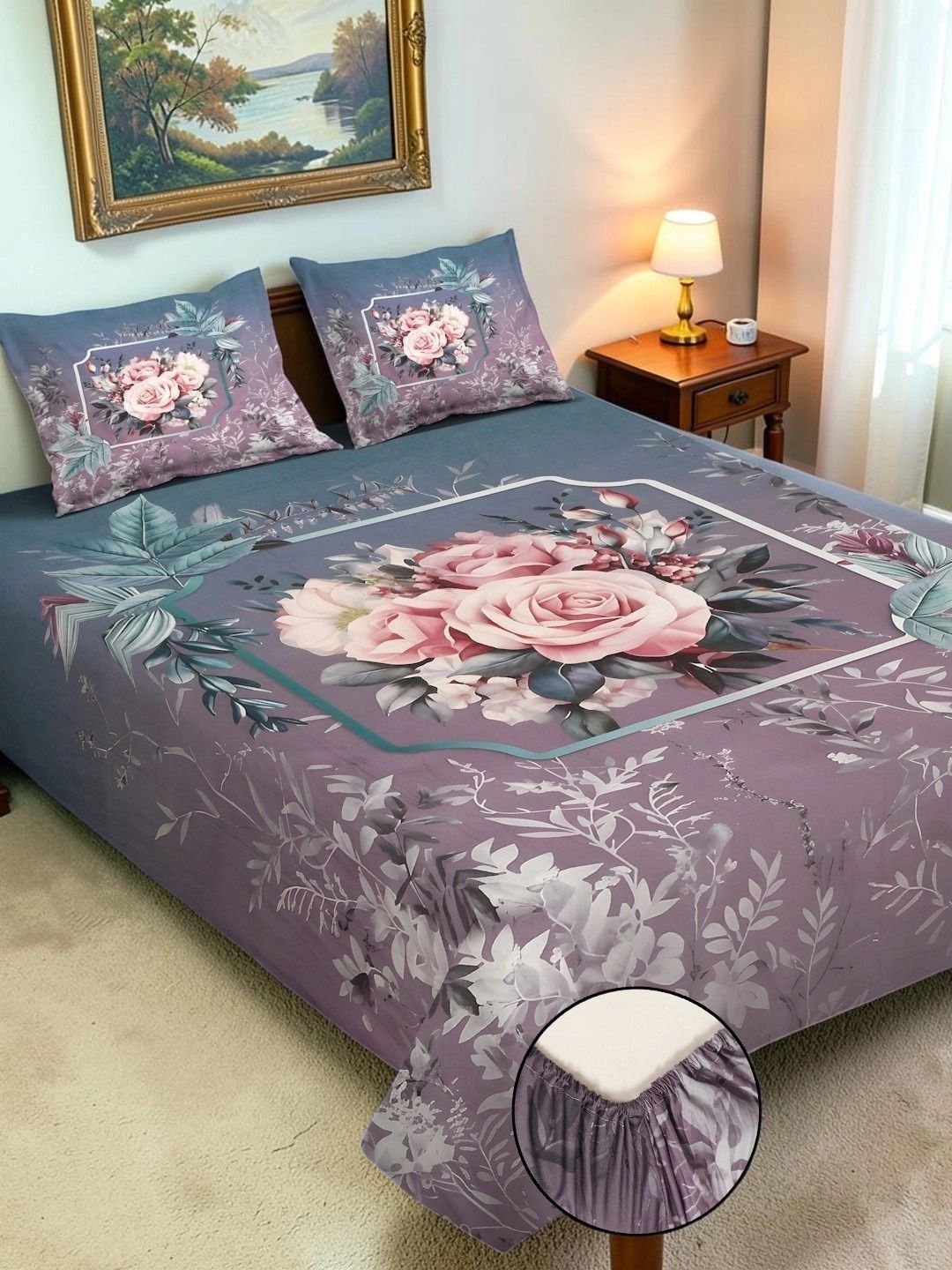 Moda Rapido X KLOTTHE Ungu & Bunga Merah Jambu 400 TC Cadar King dengan 2 Sarung Bantal