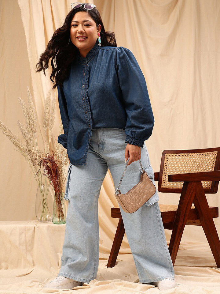 CURVY STREET Plus Size Cotton Comfort Opaque Denim Shirt