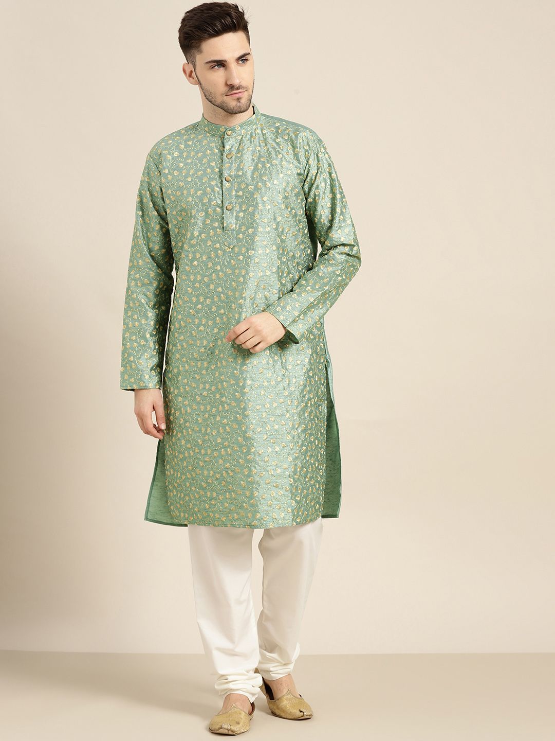 SOJANYA Kurta Bunga Berwarna Hijau & Emas Lelaki