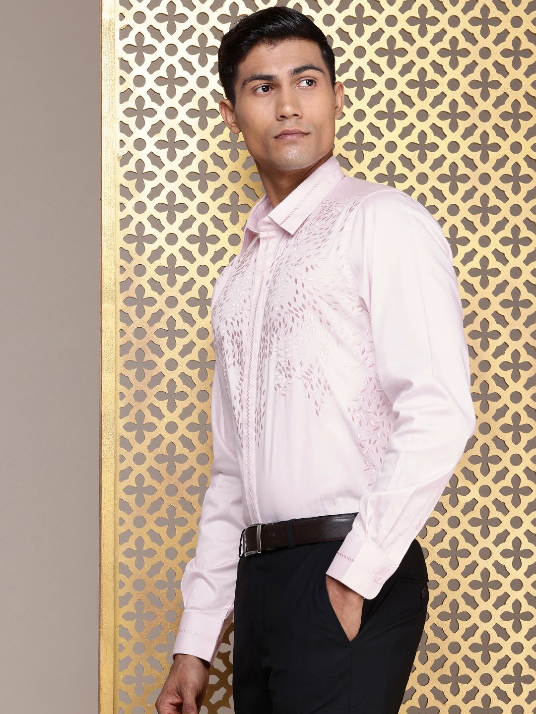 House of Pataudi Self Design Pure Cotton Opaque Party Shirt