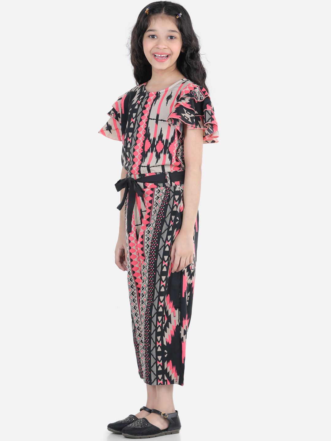 Cutiekins Girls Black & Pink Printed Ruffle Sleeves Capri Jumpsuit