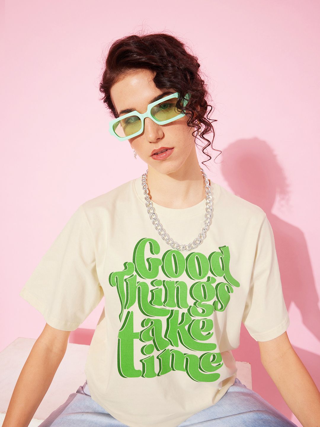 DILLINGER Off White & Green Typography Printed Oversized Pure Cotton Longline T-shirt