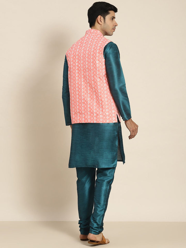 SOJANYA Men Teal Ethnic Motifs Embroidered Kurta with Churidar with Nehru Jacket