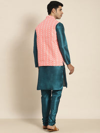 SOJANYA Men Teal Ethnic Motifs Embroidered Kurta with Churidar with Nehru Jacket