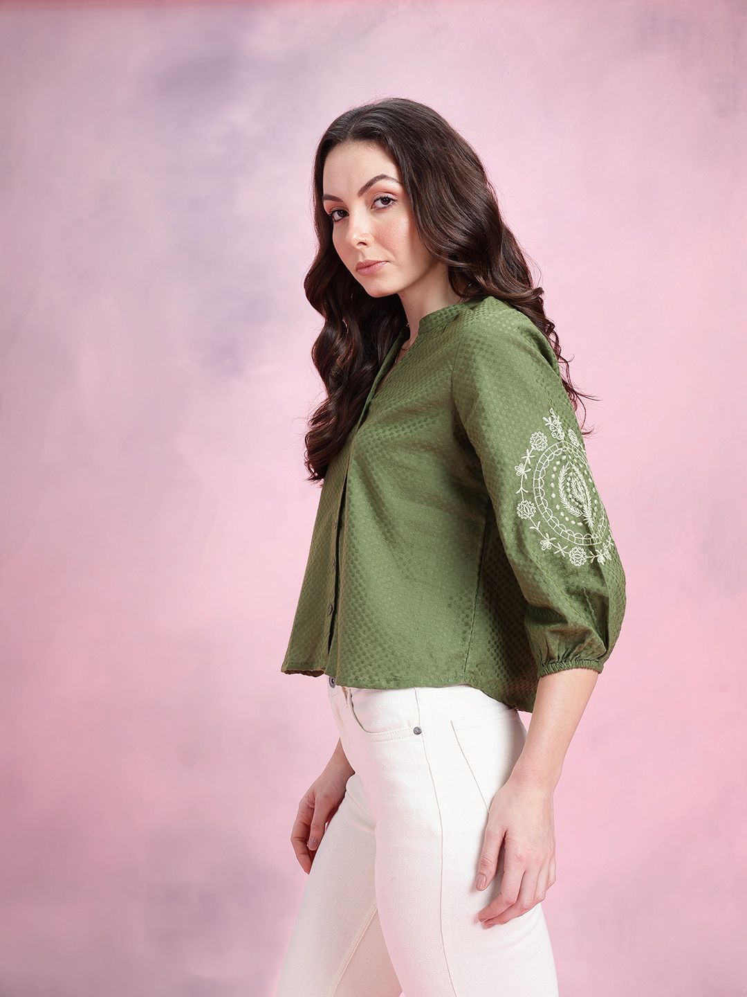 DressBerry Mandarin Collar Puff Sleeve Embroidered Cotton Top