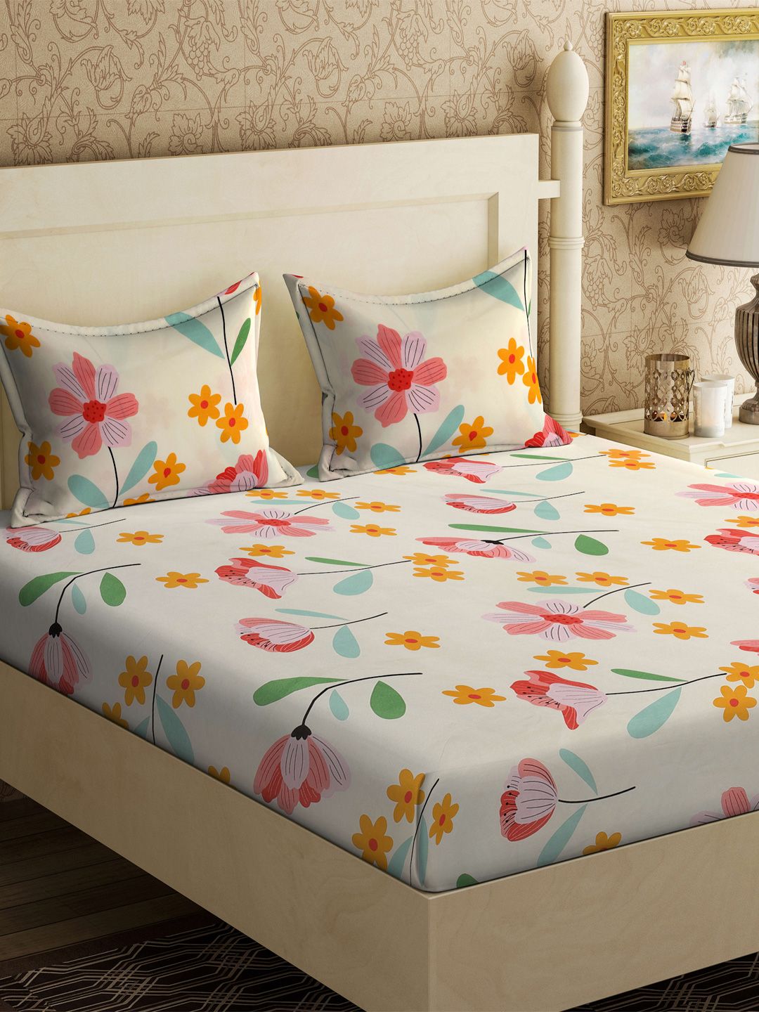 KLOTTHE Cream Floral Cotton 300 TC Fitted King Fine Bedsheet with 2 Pillow Covers-98 x 89 inches