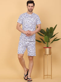 Sweet Dreams White & Purple Abstract Printed Round Neck Night suit