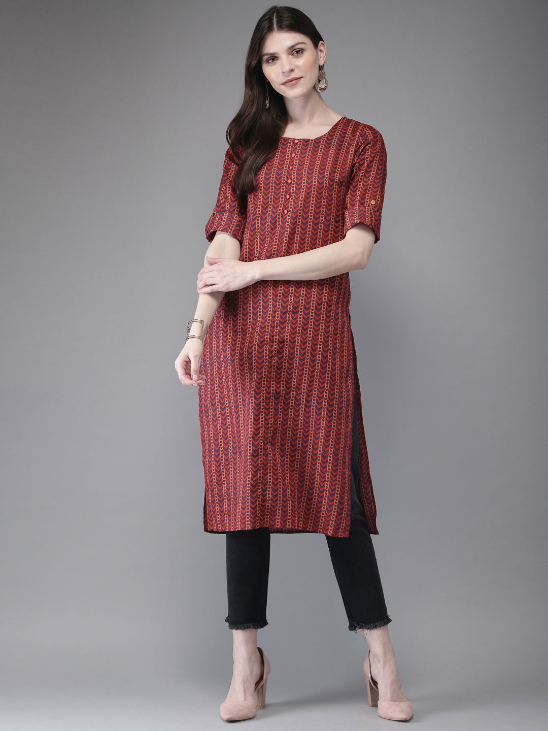Anouk Women Red & Blue Printed Straight Kurta