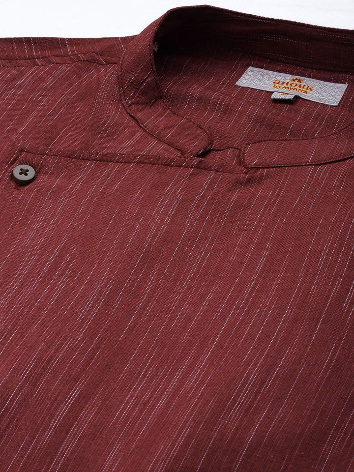 Anouk Men Maroon Striped Angrakha Pure Cotton Straight Kurta with Pyjamas