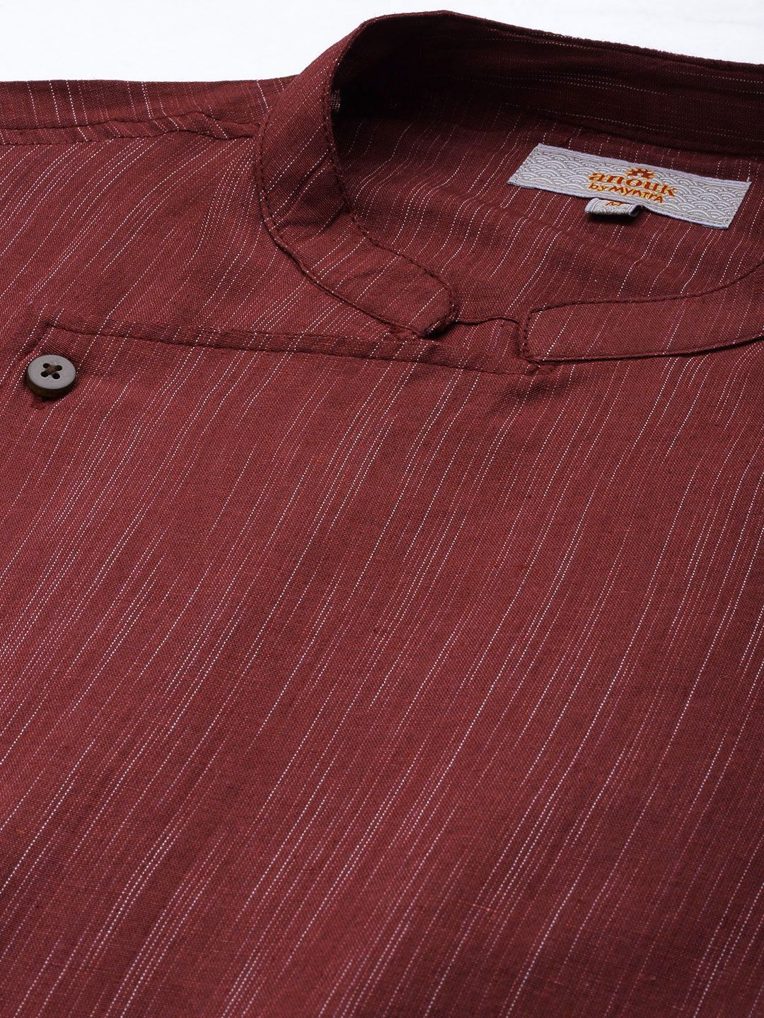 Anouk Men Maroon Striped Angrakha Pure Cotton Straight Kurta with Pyjamas