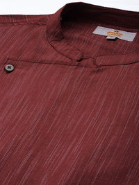 Anouk Men Maroon Striped Angrakha Pure Cotton Straight Kurta with Pyjamas