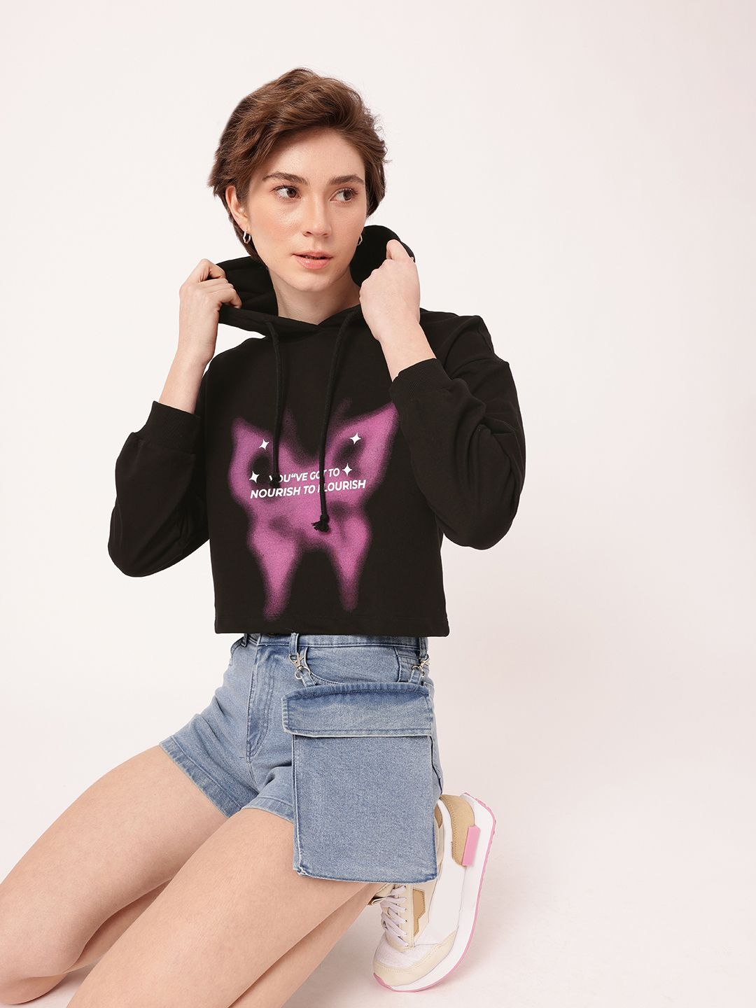 DressBerry Printed Hooded Cotton Terry Relaxed Fit Crop Sweatshirt