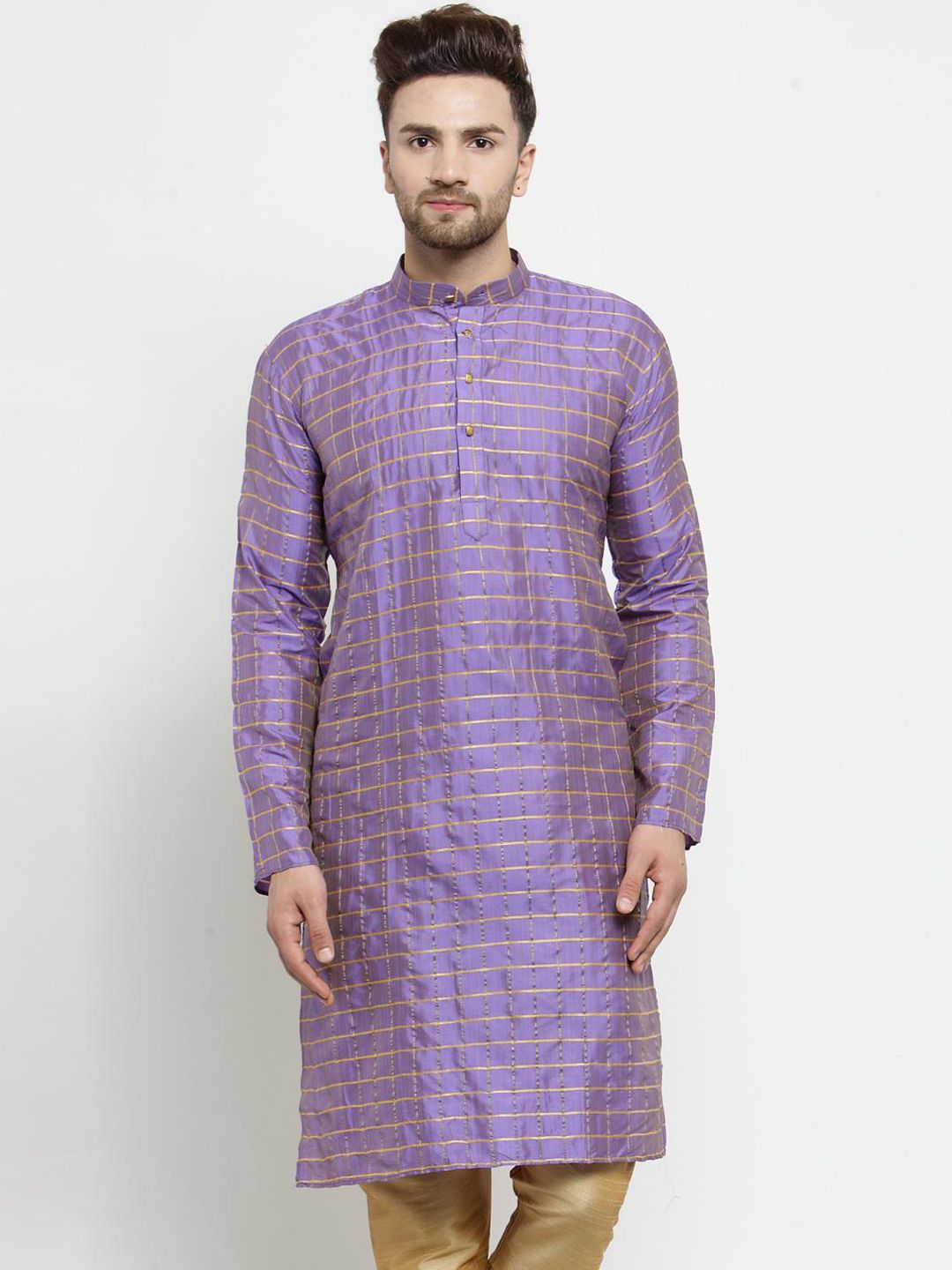 SOJANYA Men Purple & Gold-Toned Checked Straight Kurta
