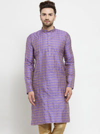 SOJANYA Men Purple & Gold-Toned Checked Straight Kurta