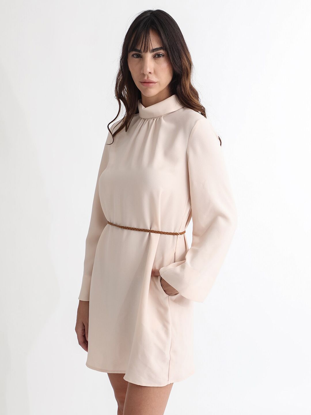 RAREISM High Neck Flared Sleeves A-Line Formal Dress With Suede Corded Belt