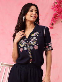 Anouk Navy Blue Embroidered Top With Trousers Co-Ords