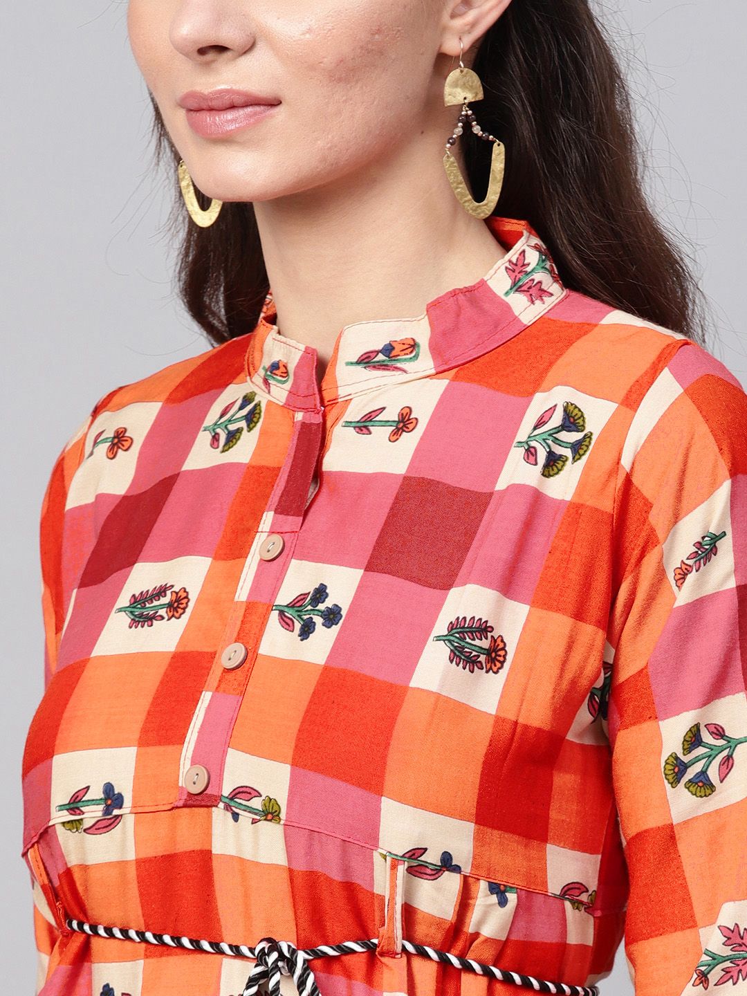 SOJANYA Women Orange & Beige Checked A-Line Kurta