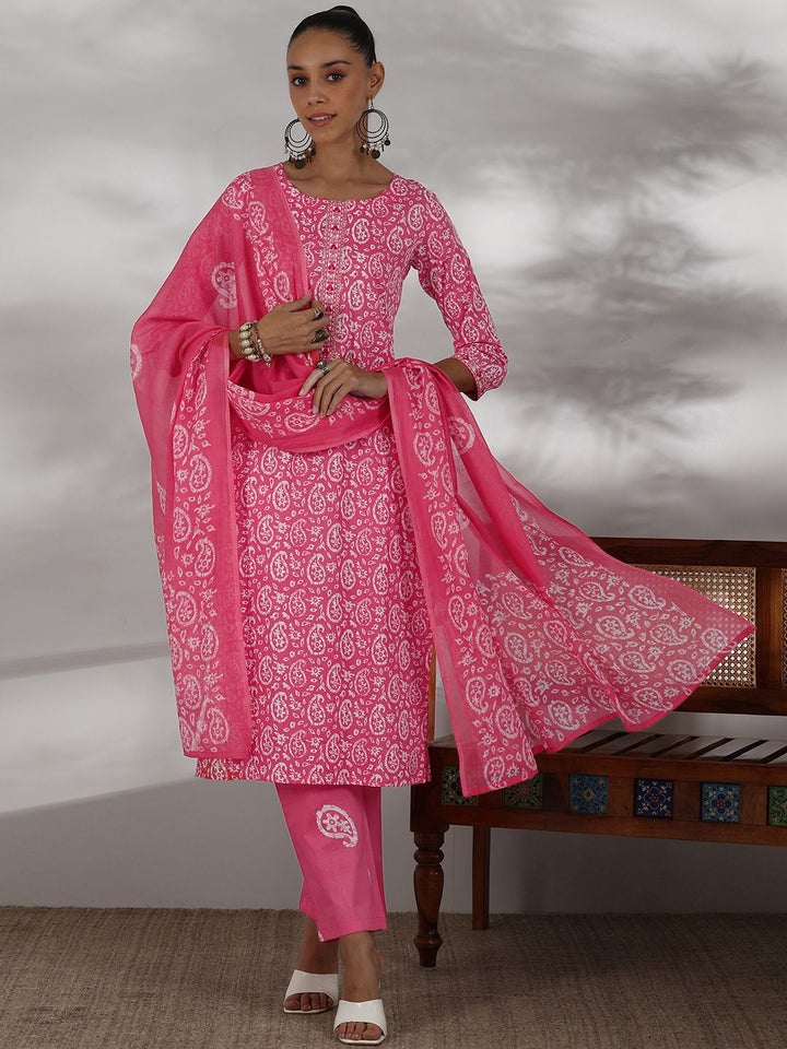 Libas Paisley Printed Regular Thread Work Pure Cotton Kurta With Trousers With Dupatta