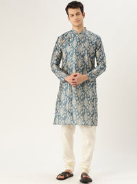SOJANYA Men Blue & Off-White Printed Straight Angrakha Kurta