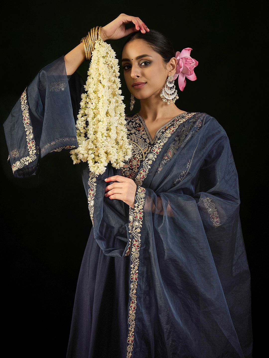 Indo Era Floral Embroidered Empire Liva Kurta with Trousers & Dupatta