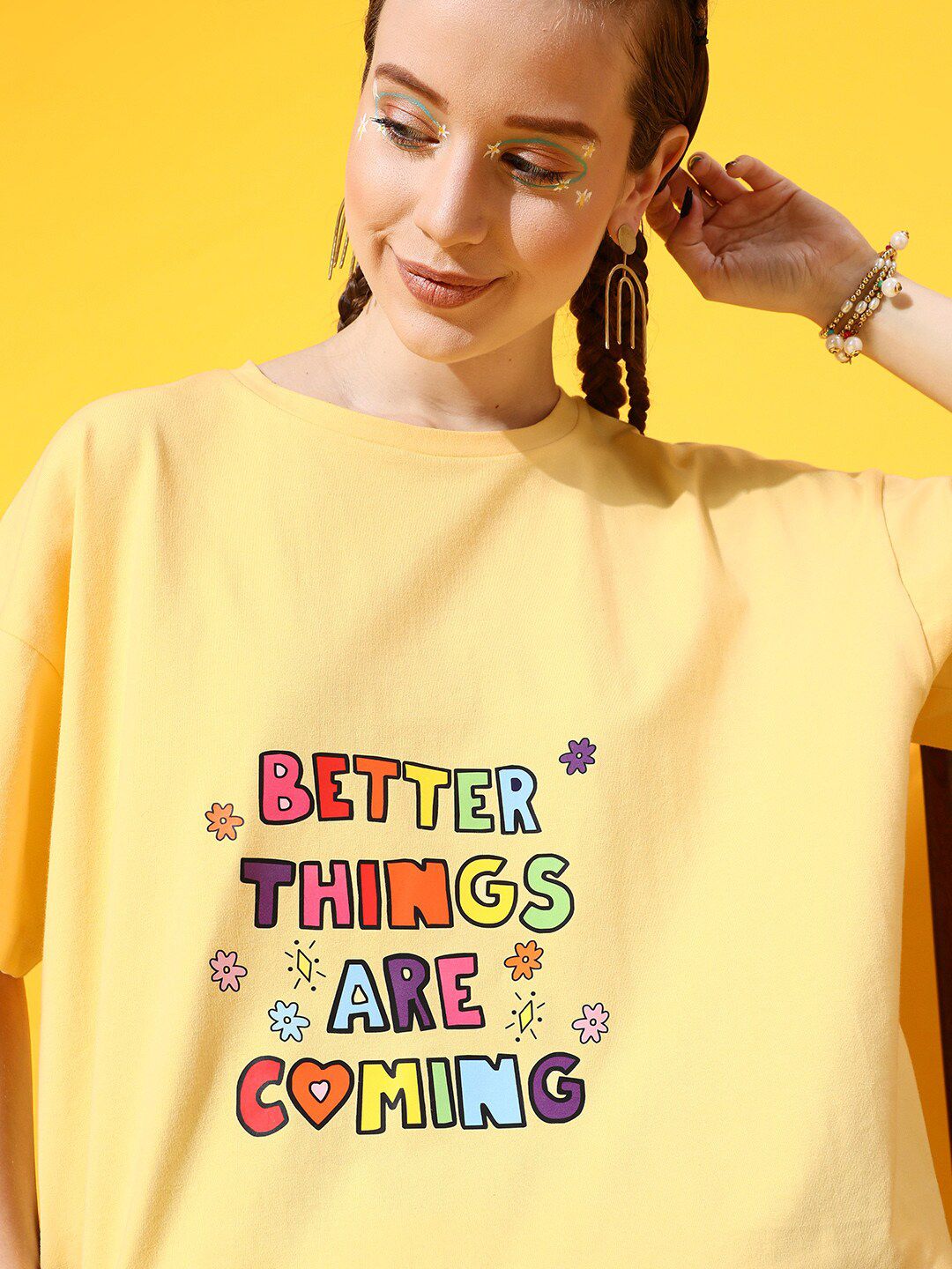 STREET 9 Women Yellow Printed Cotton Drop-Shoulder Sleeves Bio Finish Oversized T-shirt