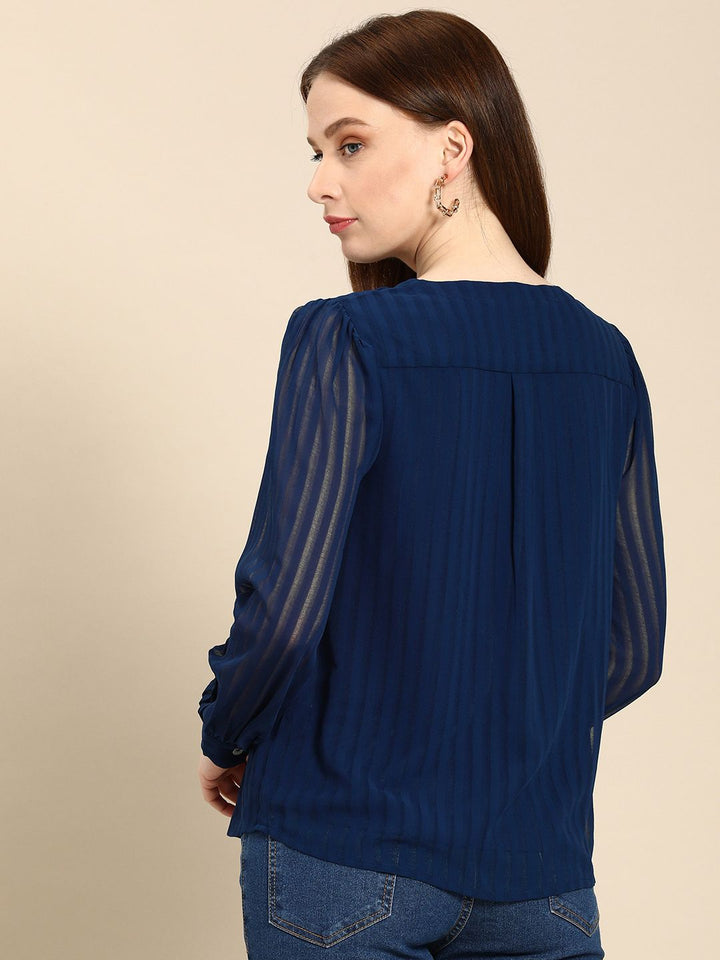 all about you Women Navy Blue Self Design Stripes V-Neck Casual Shirt