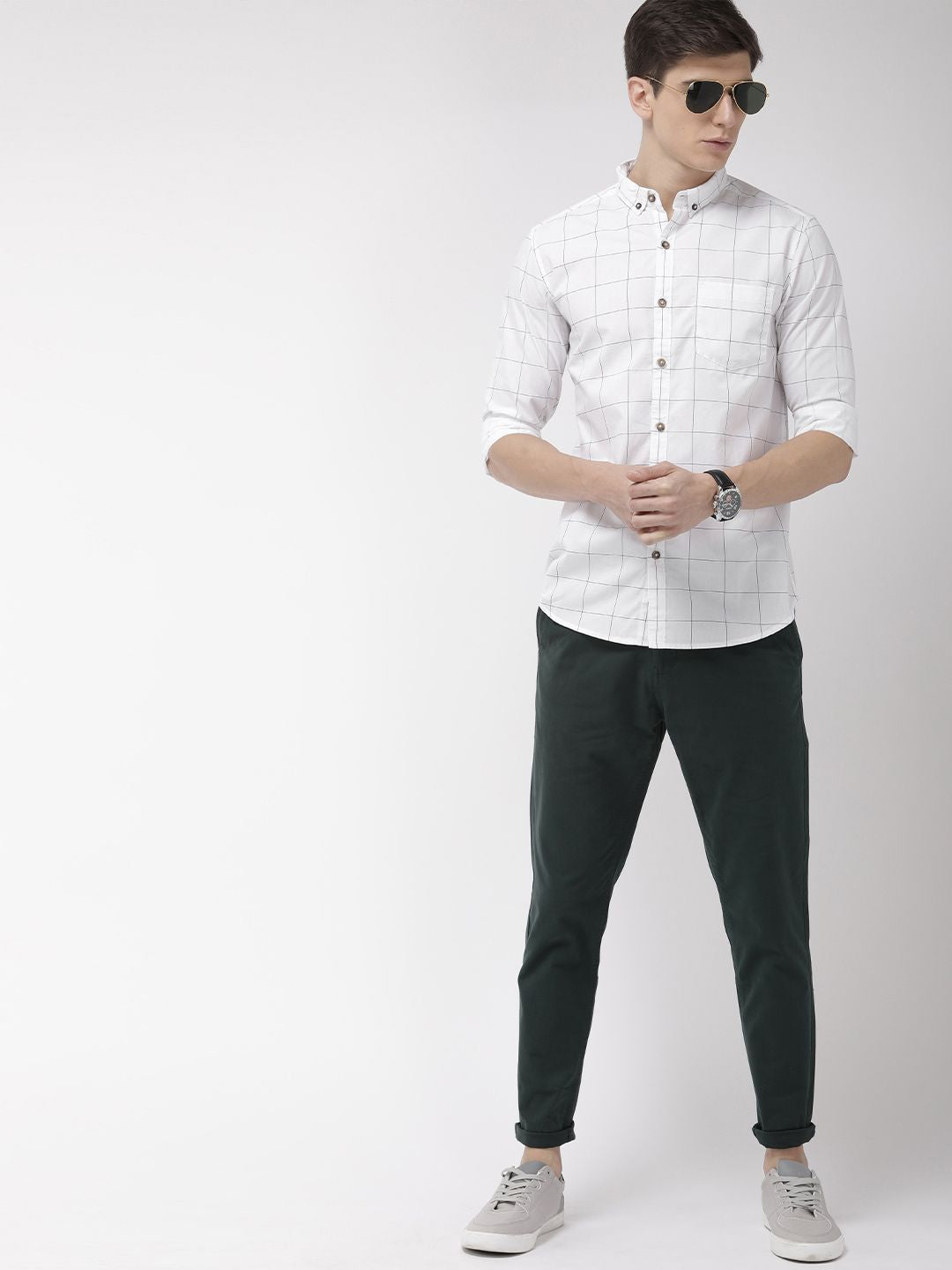 HIGHLANDER Men White & Blue Slim Fit Checked Casual Shirt
