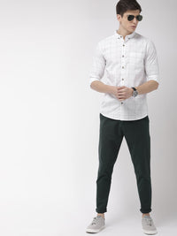 HIGHLANDER Men White & Blue Slim Fit Checked Casual Shirt