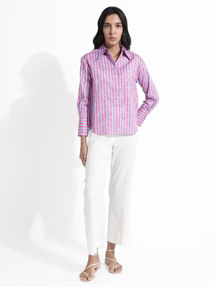 RAREISM Shirt Collar Long Sleeves Striped Cotton Top