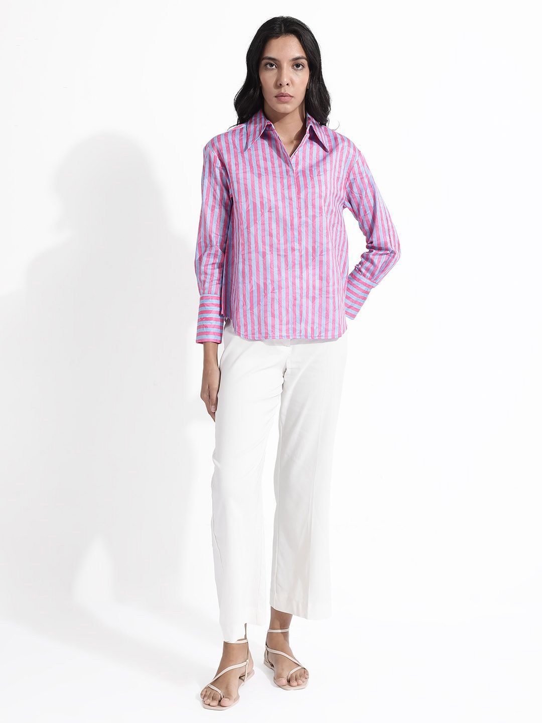 RAREISM Shirt Collar Long Sleeves Striped Cotton Top