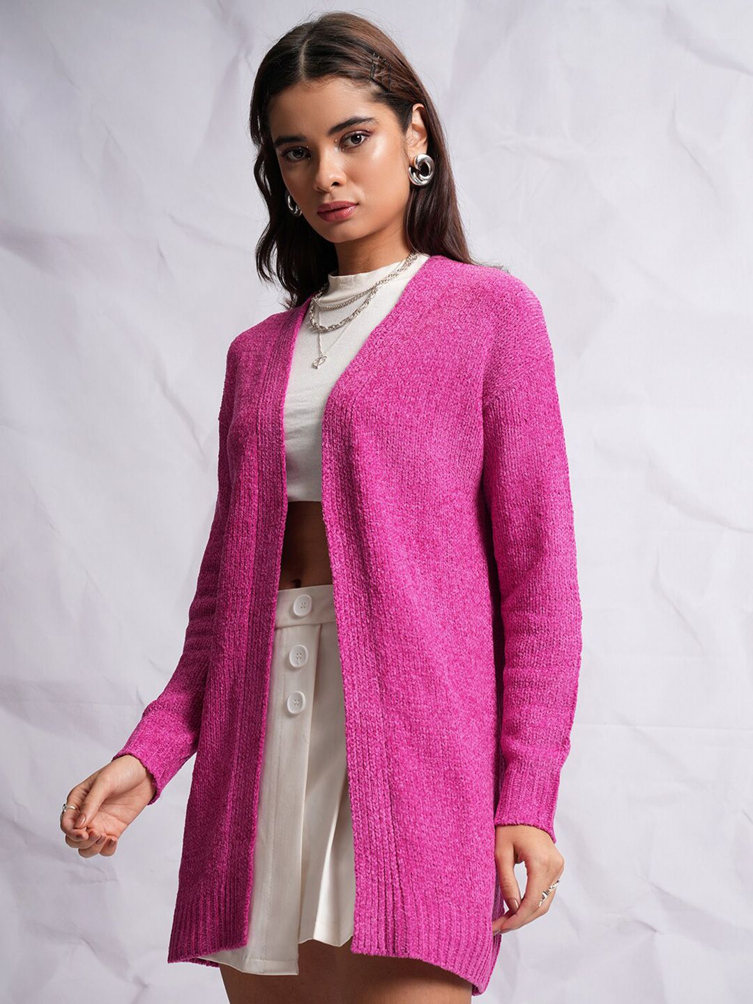 Tokyo Talkies Relaxed Fit Self Design Longline Acrylic Front-Open Sweater