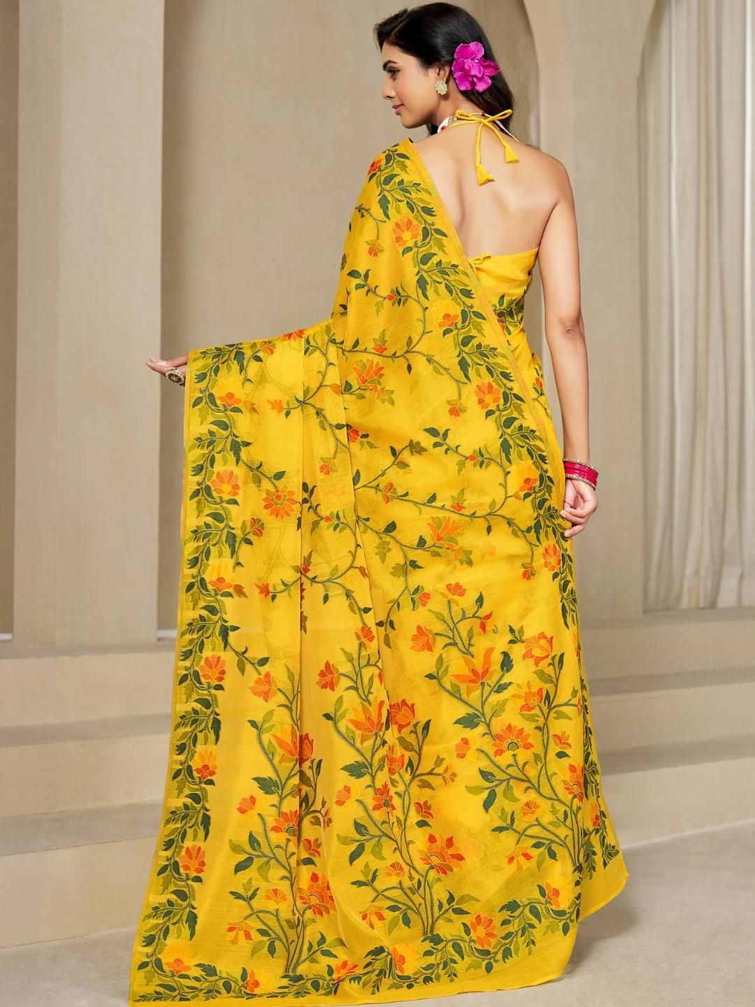 KALINI Yellow Pure Cotton Woven Design Sarees