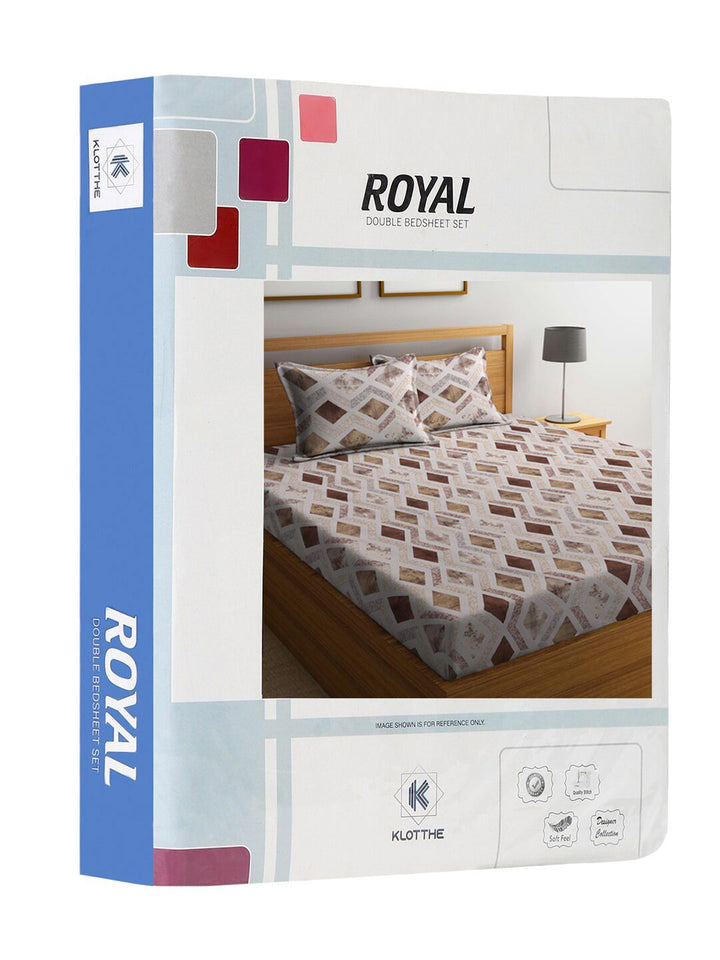 KLOTTHE Brown & White Geometric-Printed 400 TC Pure-Cotton Double King Bedsheet Set