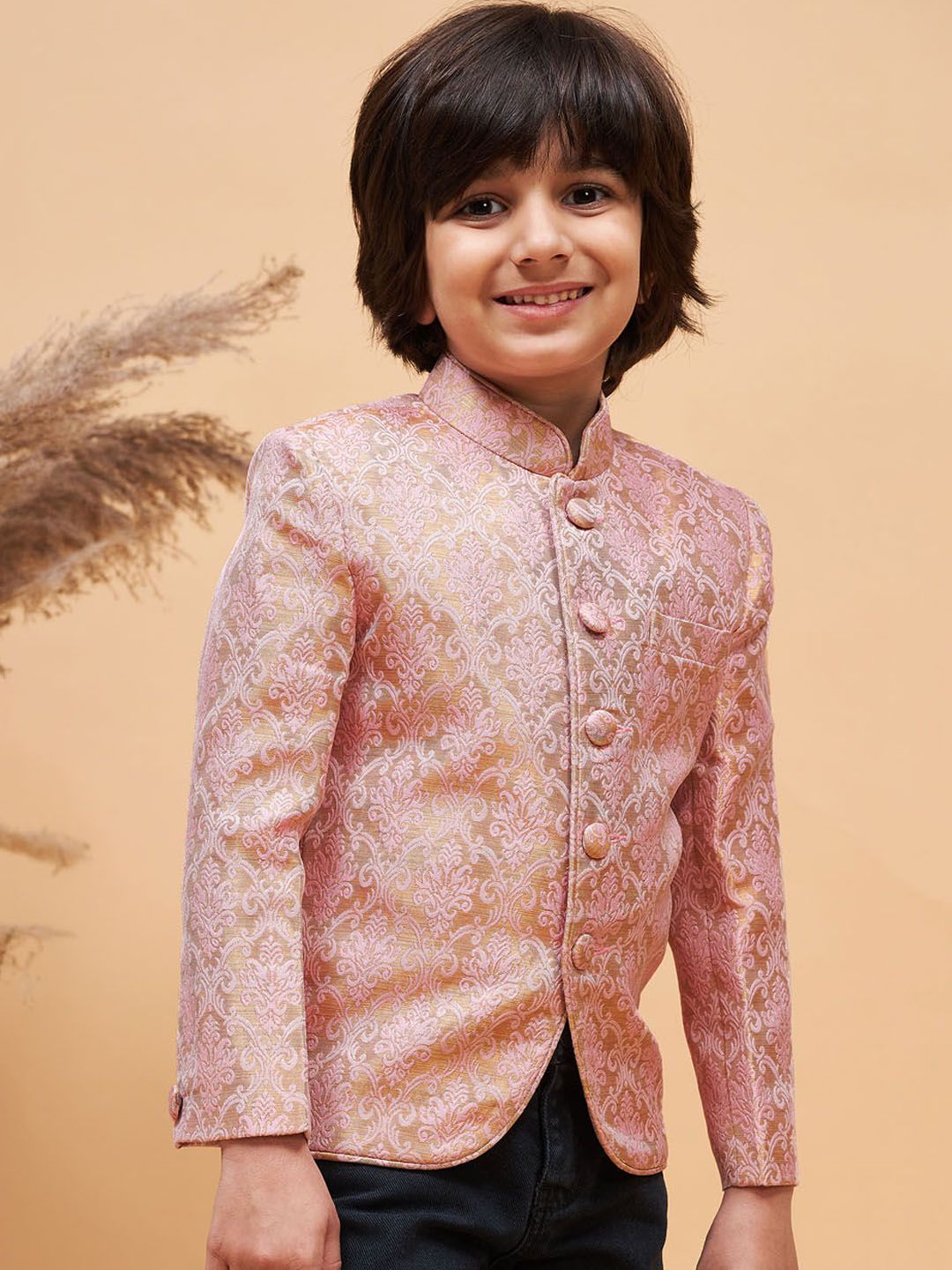 VASTRAMAY Boys Self Design Mandarin Collar Slim-Fit Silk Bandhgala Blazer