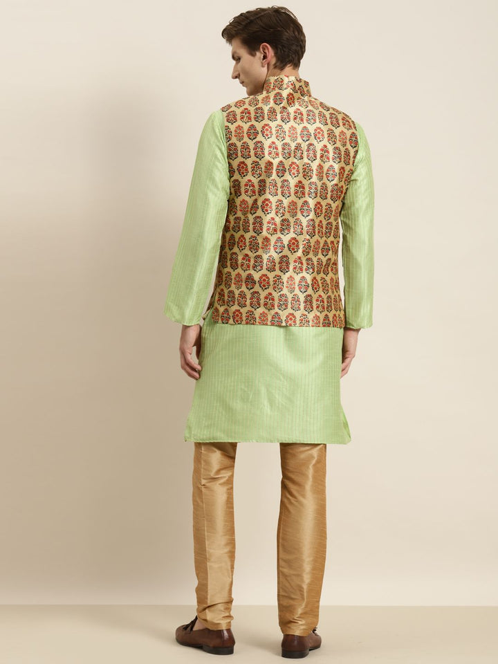 SOJANYA Men Green & Beige Kurta with Churidar & Nehru Jacket