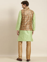 SOJANYA Men Green & Beige Kurta with Churidar & Nehru Jacket
