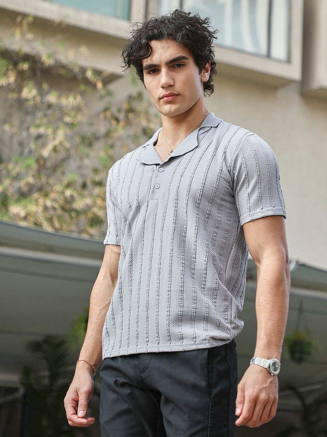 Campus Sutra Men Self Design Polo Collar Cotton T-shirt