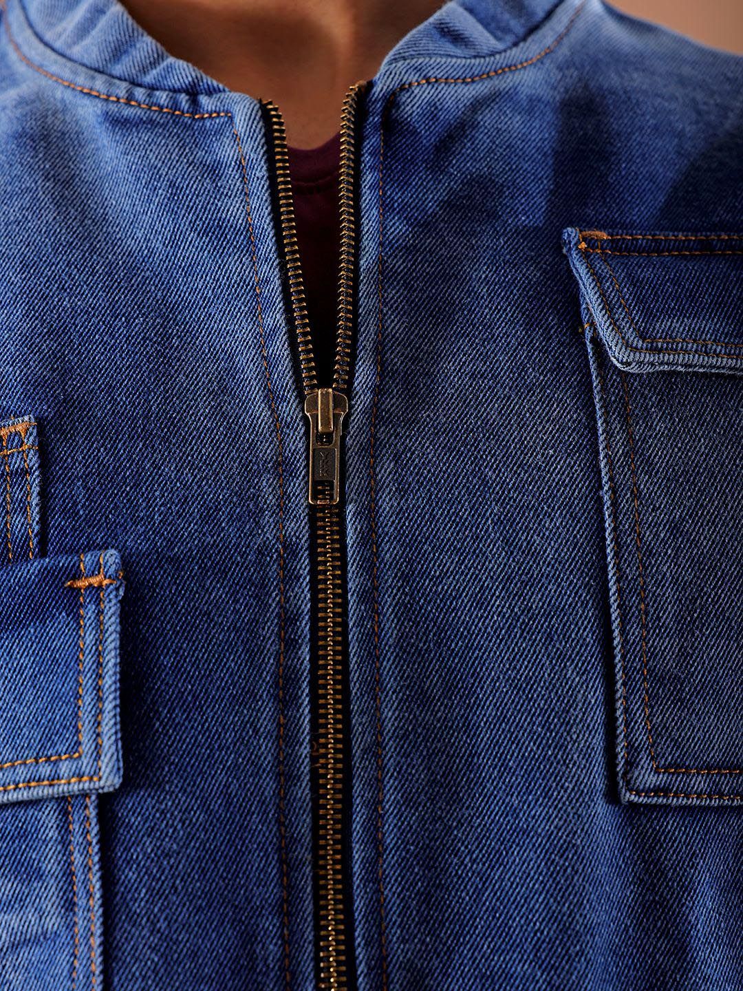 The Indian Garage Co Men Washed Outdoor Denim Jacket with Embroidered